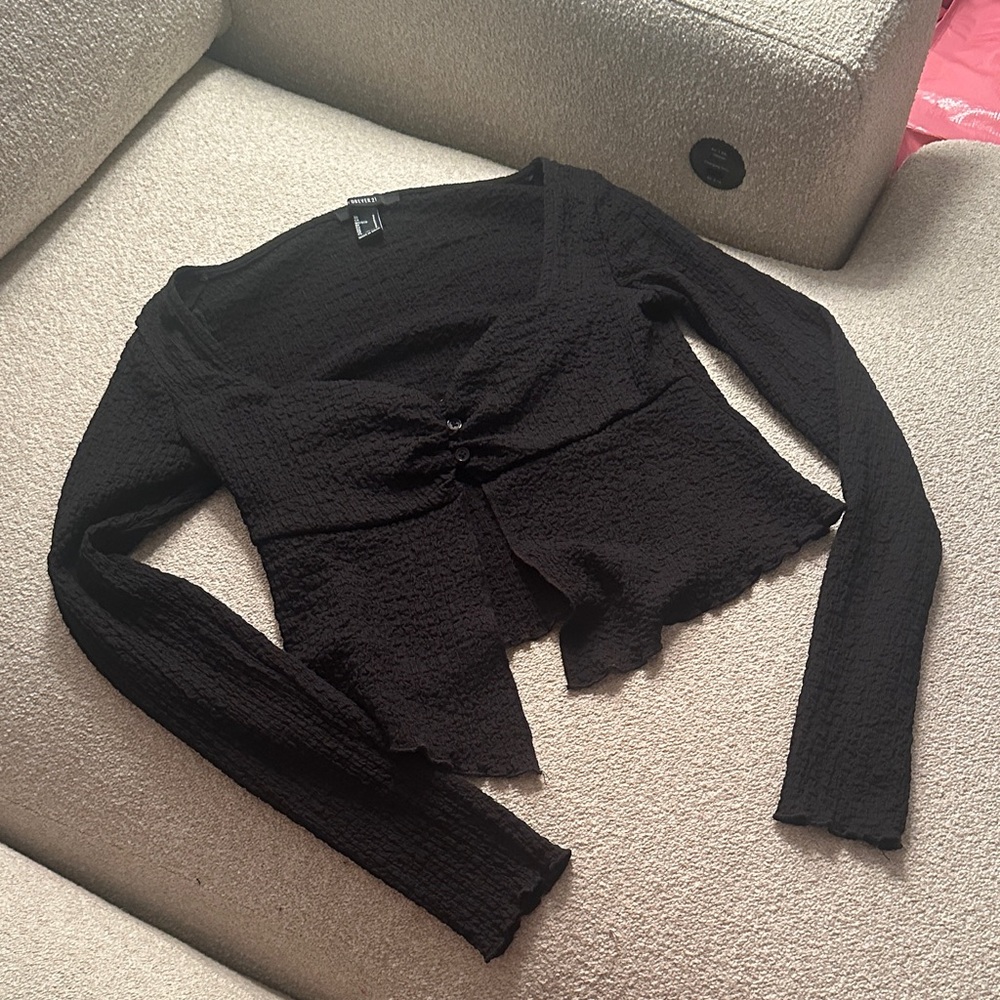 Forever 21 Black Textured Long Sleeve Blouse